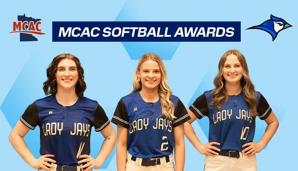 
Promotional graphic for “MCAC Softball Awards” featuring three athletes standing side by side in blue Lady Jays softball jerseys with hands on hips. The background is a light blue geometric design with the MCAC logo on the left and a stylized bluejay logo on the right, with the title displayed prominently across the top.
